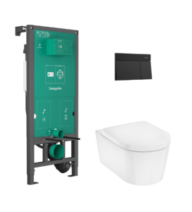 EluPura S Zestaw stelaż podtynkowy iFrame z przyciskiem spłukującym iFrame Element E i miską wiszącą WC EluPura S z deską WC