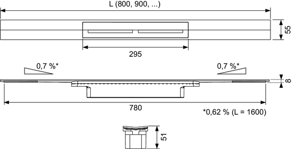 TECEdrainprofile shower profile, Brushed stainless steel, 800 mm - 2